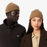Lacoste Unisex Ribbed Logo Beanie Brown