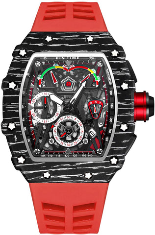 PINTIME Quartz Luxury Chronograph Watch - Black (Red Strap)